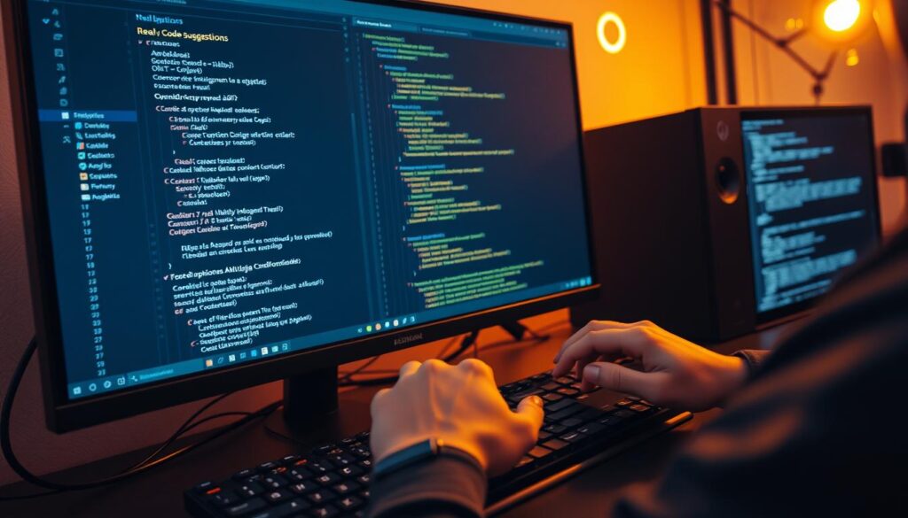 A busy software developer's workstation, with a large monitor displaying real-time code suggestions in a sleek, minimalist user interface. The screen shows intelligent contextual prompts and autocompletion options, powered by the Dee Ferdinand A.I Consulting's cutting-edge AI coding agent. The developer's hands hover over a mechanical keyboard, ready to seamlessly integrate the AI-driven recommendations into their codebase. Warm task lighting illuminates the scene, creating a focused, productive atmosphere. The overall composition conveys efficiency, technological sophistication, and the synergy between human and artificial intelligence.