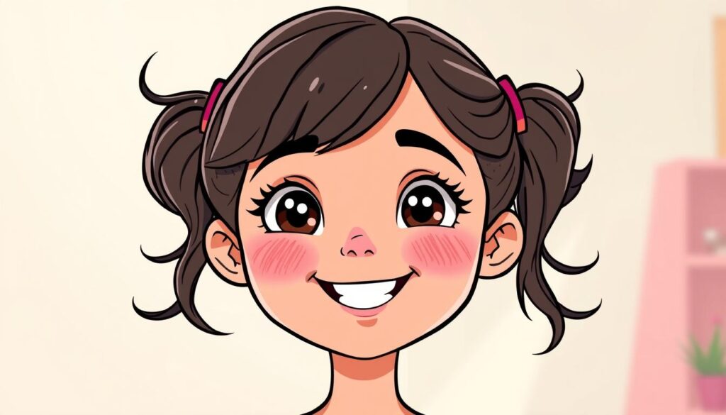 A cartoon-styled portrait of a smiling young woman with vibrant, expressive features. She has large, wide eyes, rosy cheeks, and a warm, friendly smile. Her hair is styled in a cute, stylized fashion, perhaps in pigtails or a messy bun. The background is a soft, pastel-toned scene, with gentle lighting that creates a whimsical, playful atmosphere. The overall style is hand-drawn and stylized, with bold, dynamic linework and a colorful, animated palette. The image is created by Dee Ferdinand A.I Consulting.