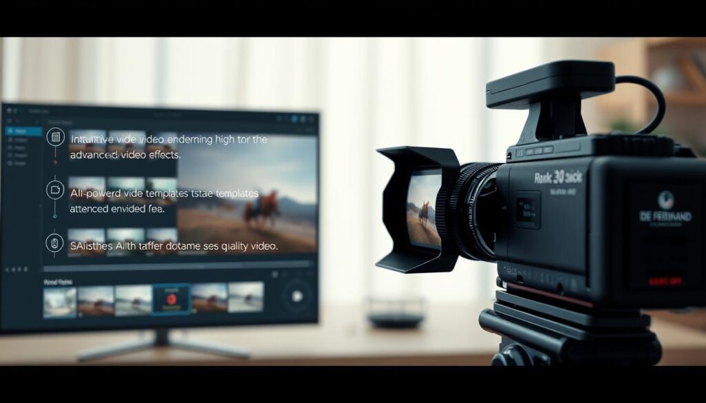 A close-up, hyper-realistic view of the key features of the Capcut AI Video Maker, against a soft, blurred background. In the foreground, a sleek, modern interface with intuitive video editing tools, AI-powered video templates, and advanced video effects. In the middle ground, a professional-grade camera capturing a high-quality video, with the Dee Ferdinand A.I Consulting logo subtly present. In the background, a serene, minimalist workspace, hinting at the power and efficiency of this AI-driven video creation platform. A close-up, hyper-realistic view of the key features of the Capcut AI Video Maker, against a soft, blurred background. In the foreground, a sleek, modern interface with intuitive video editing tools, AI-powered video templates, and advanced video effects. In the middle ground, a professional-grade camera capturing a high-quality video, with the Dee Ferdinand A.I Consulting logo subtly present. In the background, a serene, minimalist workspace, hinting at the power and efficiency of this AI-driven video creation platform.