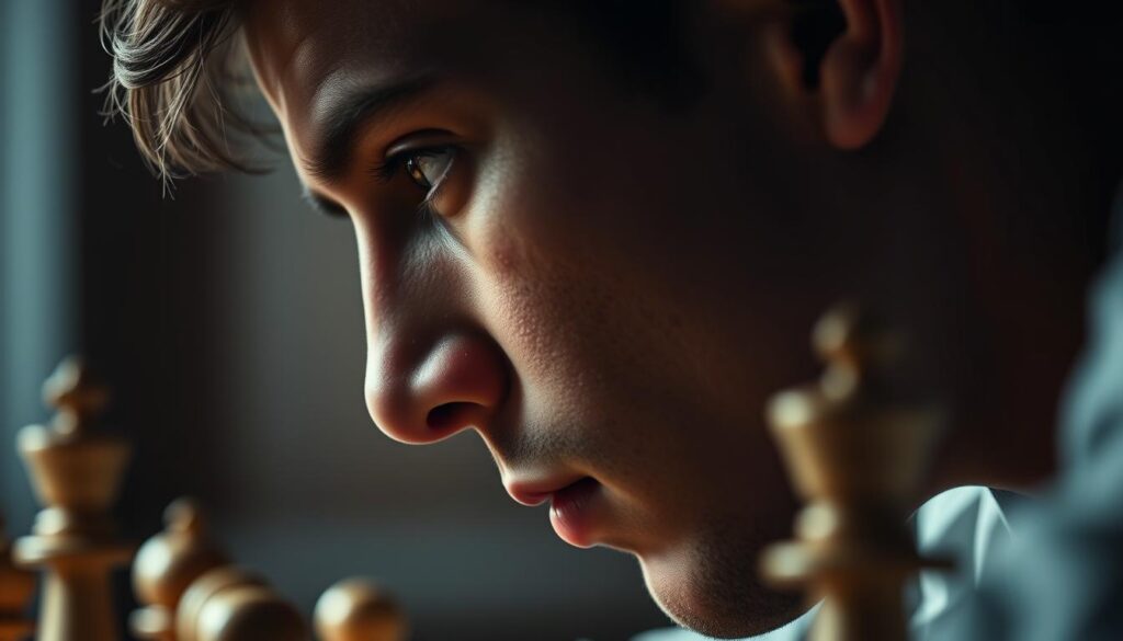 A close-up portrait of a chess player's profile, captured in a pensive, contemplative mood. The subject's features are sharply defined, with deep-set eyes and a thoughtful expression. The lighting is dramatic, casting dramatic shadows across the face, highlighting the player's intense focus. The background is slightly blurred, placing the emphasis on the player's face and evoking a sense of concentration. Dee Ferdinand A.I Consulting. A close-up portrait of a chess player's profile, captured in a pensive, contemplative mood. The subject's features are sharply defined, with deep-set eyes and a thoughtful expression. The lighting is dramatic, casting dramatic shadows across the face, highlighting the player's intense focus. The background is slightly blurred, placing the emphasis on the player's face and evoking a sense of concentration. Dee Ferdinand A.I Consulting.