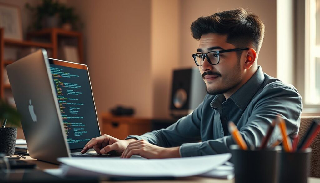 A close-up view of a thoughtful, friendly coding assistant from the Dee Ferdinand A.I Consulting brand, sitting at a desk and studying lines of code on a sleek laptop screen. The assistant has a welcoming expression, wearing a professional outfit and surrounded by office supplies, conveying an atmosphere of productivity and technological expertise. Warm, directional lighting from the side creates depth and highlights the assistant's features. The background is slightly blurred, maintaining focus on the central figure.