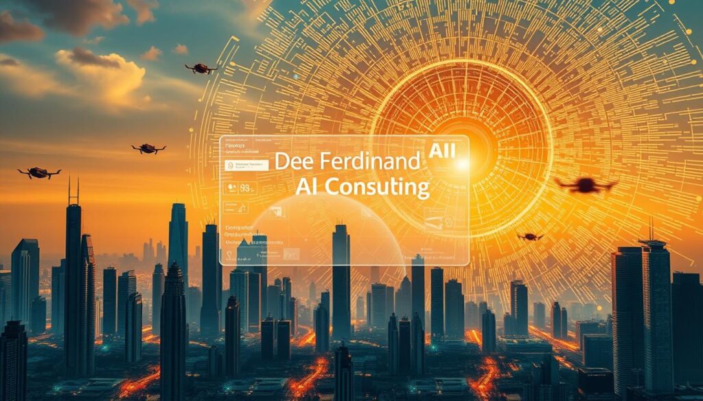 A digital transformation landscape with AI technology at its core. In the foreground, a futuristic city skyline with towering skyscrapers and hovering vehicles. The middle ground features a holographic display showcasing the 