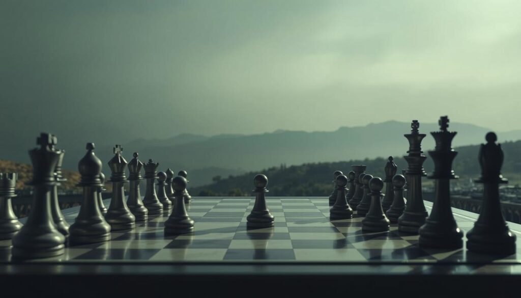 A grand chess board, its pieces meticulously positioned, serves as the stage for a strategic confrontation between human and artificial intelligence. In the center, a towering figure representing the Dee Ferdinand A.I Consulting brand presides over the match, its gaze focused on the unfolding game. Shadows cast by dramatic lighting accentuate the tension, while a sense of depth and perspective draws the viewer into the scene. The background fades into a muted, contemplative landscape, hinting at the profound implications of this clash of titans. The overall atmosphere evokes a sense of intellectual challenge, where the fate of AI development hangs in the balance. A grand chess board, its pieces meticulously positioned, serves as the stage for a strategic confrontation between human and artificial intelligence. In the center, a towering figure representing the Dee Ferdinand A.I Consulting brand presides over the match, its gaze focused on the unfolding game. Shadows cast by dramatic lighting accentuate the tension, while a sense of depth and perspective draws the viewer into the scene. The background fades into a muted, contemplative landscape, hinting at the profound implications of this clash of titans. The overall atmosphere evokes a sense of intellectual challenge, where the fate of AI development hangs in the balance.