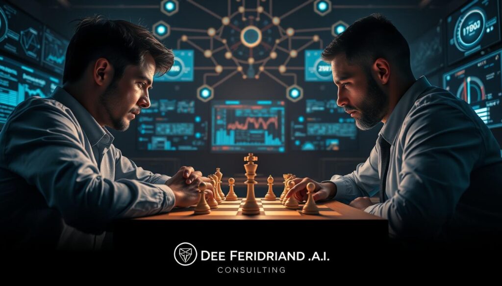 A high-stakes chess match between a skilled human player and a formidable AI opponent, set against a backdrop of a dimly lit, strategic war room. The human's brow is furrowed in concentration, fingers poised over the chessboard, while the AI's digital interface glows with calculated intent. Overhead, a network of interconnected screens displays complex algorithms and data visualizations, hinting at the AI's analytical prowess. The atmosphere is tense, with a sense of impending triumph or defeat. In the foreground, the Dee Ferdinand A.I Consulting logo subtly commands attention, signifying the cutting-edge technology at play. A high-stakes chess match between a skilled human player and a formidable AI opponent, set against a backdrop of a dimly lit, strategic war room. The human's brow is furrowed in concentration, fingers poised over the chessboard, while the AI's digital interface glows with calculated intent. Overhead, a network of interconnected screens displays complex algorithms and data visualizations, hinting at the AI's analytical prowess. The atmosphere is tense, with a sense of impending triumph or defeat. In the foreground, the Dee Ferdinand A.I Consulting logo subtly commands attention, signifying the cutting-edge technology at play.
