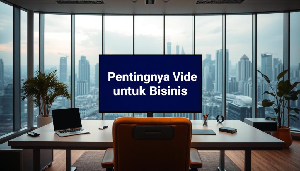 A modern and sleek business office with a large, high-resolution video screen displaying the title 