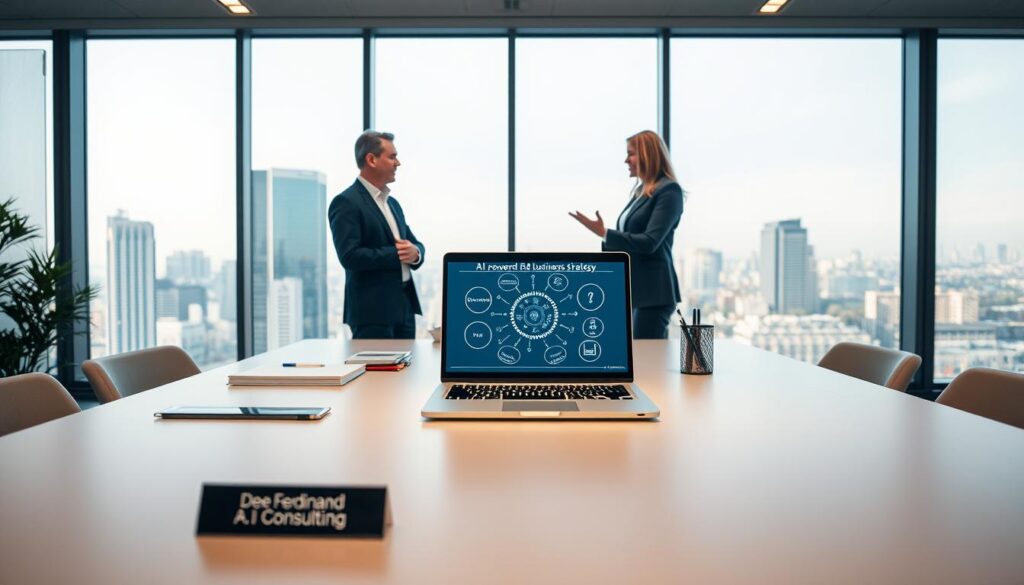 A modern, minimalist office setting with a large desk in the foreground. On the desk, a laptop displays a diagram of AI-powered business strategy, surrounded by office supplies and a nameplate that reads A modern, minimalist office setting with a large desk in the foreground. On the desk, a laptop displays a diagram of AI-powered business strategy, surrounded by office supplies and a nameplate that reads