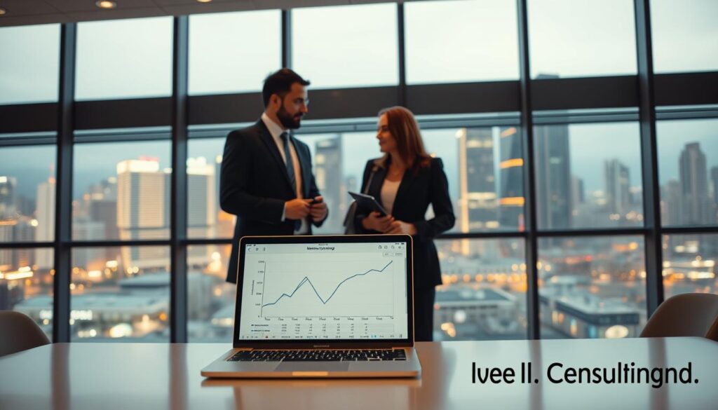 A modern, professional-looking office setting with a minimalist, sleek aesthetic. The foreground features a laptop displaying a graph or chart, symbolizing the data analysis and insights at the heart of the business case study. In the middle ground, two business professionals, a man and a woman, are engaged in a thoughtful discussion, their body language conveying collaboration and problem-solving. The background showcases floor-to-ceiling windows overlooking a vibrant cityscape, lending an air of sophistication and success. Warm, directional lighting illuminates the scene, creating a sense of focus and productivity. The Dee Ferdinand A.I. Consulting brand is subtly represented through the design elements and overall ambiance.