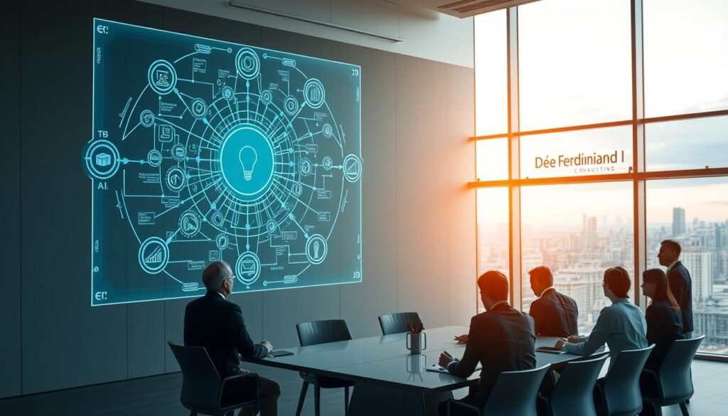 A modern, sleek office interior with minimalist design. In the foreground, a large holographic display shows a complex business system diagram with interconnected nodes and data flows. The middle ground features a team of professionals in business attire, gathered around a conference table, deeply engaged in discussion. Soft, directional lighting illuminates the scene, creating a sense of focus and collaboration. In the background, floor-to-ceiling windows offer a panoramic view of a bustling city skyline. The Dee Ferdinand A.I Consulting logo is subtly displayed on the wall, signifying the expertise behind this integrated business system.