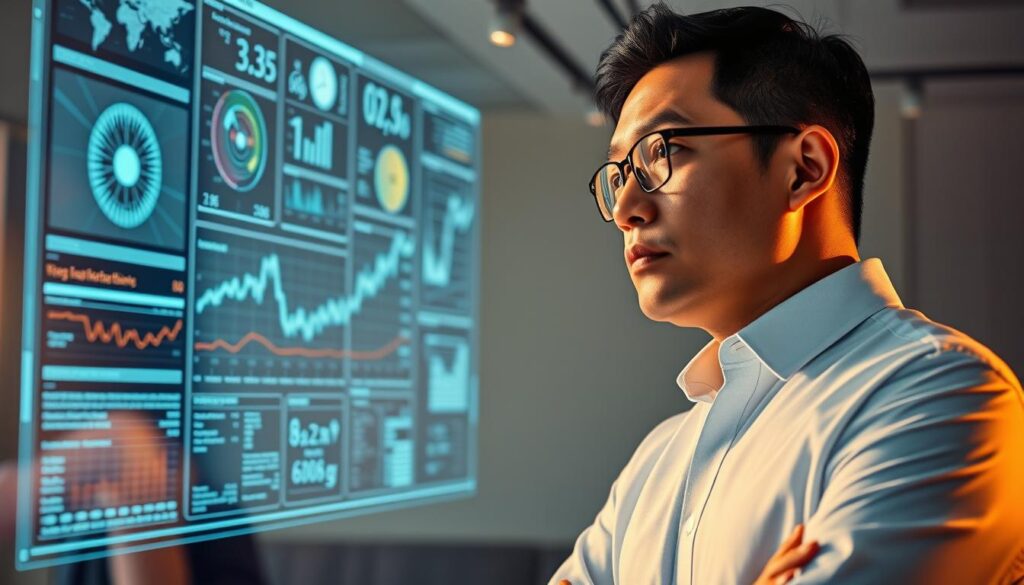 A professional AI consultant, Dee Ferdinand, stands in a modern office, thoughtfully gazing at a holographic display of complex data visualizations. The lighting is warm and directional, casting dramatic shadows that accentuate the angular features of the consultant's face. The background is minimalist, with clean lines and a neutral color palette, allowing the subject to take center stage. The consultant's pose conveys a sense of deep concentration and strategic analysis, perfectly capturing the essence of 
