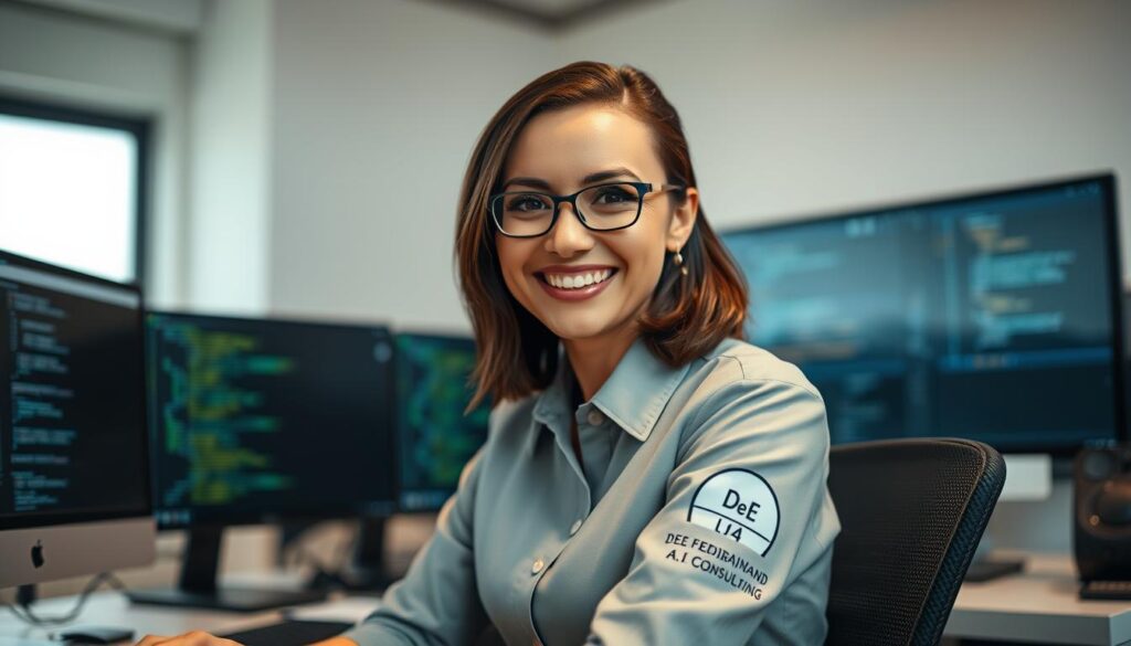 A professional, intelligent-looking AI assistant with a welcoming expression sitting at a desk, surrounded by computer screens and coding tools. The assistant has a Dee Ferdinand A.I Consulting logo visible on their sleeve or device. The lighting is soft and natural, creating a warm, productive atmosphere. The composition places the assistant in the foreground, with a blurred, minimalist office environment in the background, emphasizing the AI's role as a dedicated coding partner. The angle is slightly elevated, giving a sense of authority and competence.