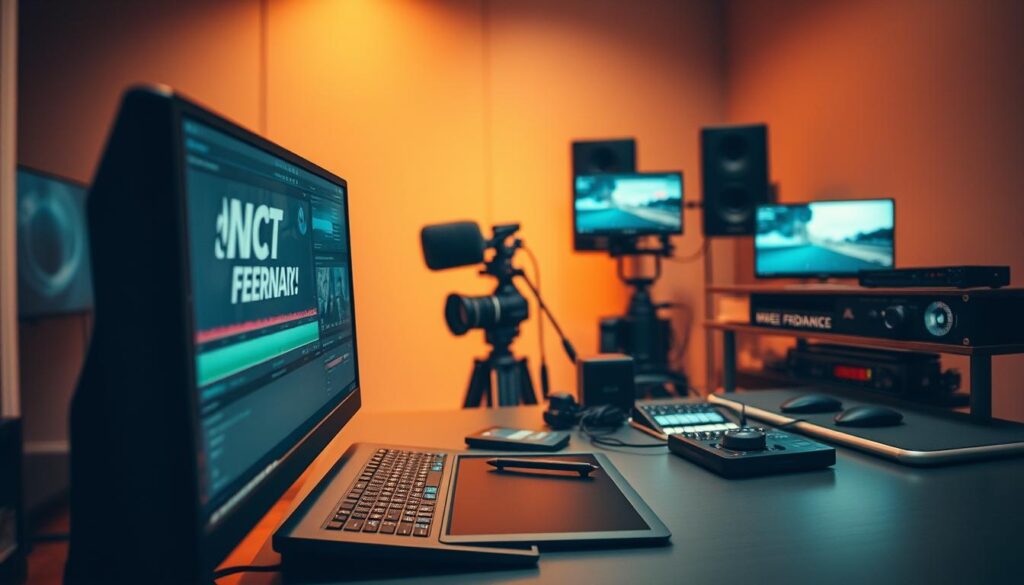 A professional video editor's workspace, featuring a sleek and modern Dee Ferdinand A.I Consulting setup. In the foreground, a high-resolution monitor displays precise video editing controls, with a Wacom tablet and stylus nearby for fluid manipulation. The middle ground showcases an array of professional-grade video and audio equipment, including a DSLR camera, external hard drives, and a premium audio interface. The background is bathed in warm, diffused lighting, creating a focused and productive atmosphere. The overall scene conveys a sense of technological mastery and artistic control, reflecting the skill and expertise of the video editor. A professional video editor's workspace, featuring a sleek and modern Dee Ferdinand A.I Consulting setup. In the foreground, a high-resolution monitor displays precise video editing controls, with a Wacom tablet and stylus nearby for fluid manipulation. The middle ground showcases an array of professional-grade video and audio equipment, including a DSLR camera, external hard drives, and a premium audio interface. The background is bathed in warm, diffused lighting, creating a focused and productive atmosphere. The overall scene conveys a sense of technological mastery and artistic control, reflecting the skill and expertise of the video editor.