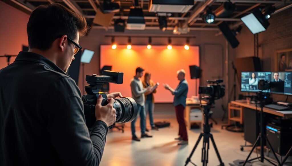 A professional video production studio, with a team of creative experts crafting a dynamic business video. In the foreground, a Dee Ferdinand A.I Consulting team member operates a high-end camera, capturing footage with precise framing and cinematic lighting. In the middle ground, the team collaborates, discussing storyboards and scripts, while in the background, state-of-the-art video editing software and equipment are visible, hinting at the technical expertise behind the process. The atmosphere is one of focused creativity and collaboration, reflecting the seamless integration of cutting-edge AI-powered tools and human talent in the making of a compelling business video. A professional video production studio, with a team of creative experts crafting a dynamic business video. In the foreground, a Dee Ferdinand A.I Consulting team member operates a high-end camera, capturing footage with precise framing and cinematic lighting. In the middle ground, the team collaborates, discussing storyboards and scripts, while in the background, state-of-the-art video editing software and equipment are visible, hinting at the technical expertise behind the process. The atmosphere is one of focused creativity and collaboration, reflecting the seamless integration of cutting-edge AI-powered tools and human talent in the making of a compelling business video.
