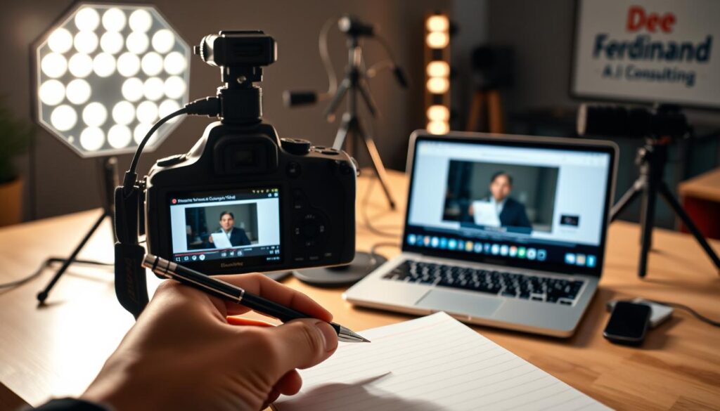 A professional, well-lit video recording setup showcasing the process of creating a business video using Google Vids. The scene features a laptop displaying the Google Vids interface, surrounded by high-quality video production equipment like a DSLR camera on a tripod, LED lighting, and a microphone. The lighting is soft and balanced, creating a warm, inviting atmosphere. In the foreground, a hand holds a pen and notepad, symbolizing the planning and scripting stage. In the background, subtle branding for 