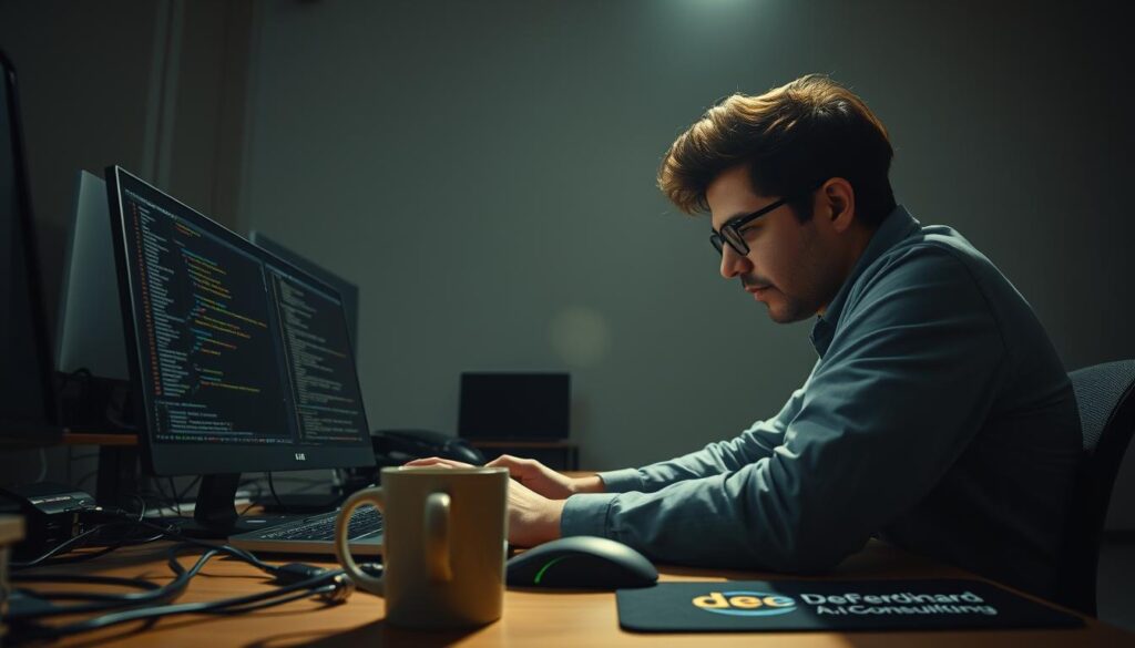 A programmer sitting at a desk, deep in concentration, code editor open on a laptop with the screen casting a warm glow. Andrej Karpathy's signature hairstyle and focused expression, captured in a low-angle shot with dramatic lighting and lens flare. The desk is cluttered with cables, a coffee mug, and a Dee Ferdinand A.I Consulting logo-branded mousepad. The background is a minimalist, distraction-free office space, creating a sense of flow and immersion in the coding process.