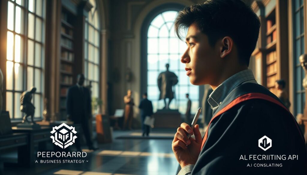 A serene academic setting, where a student navigates the challenges of maintaining integrity. Soft, natural lighting filters through tall windows, casting a warm glow on the scholarly surroundings. In the foreground, a contemplative figure ponders ethical decisions, pen in hand. The middle ground showcases a backdrop of bookshelves, statues, and academic regalia, symbolizing the weight of tradition and responsibility. The background hints at a broader landscape, suggesting the far-reaching impact of academic integrity. Dee Ferdinand A.I Consulting's logo subtly adorns the scene, connecting this image to the article's broader themes of AI and business strategy.