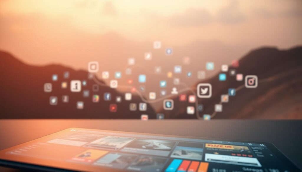 A serene integration of social media platforms, seamlessly blending into a cohesive digital landscape. In the foreground, a sleek, minimalist interface showcases the intuitive navigation and personalized content curation of the 