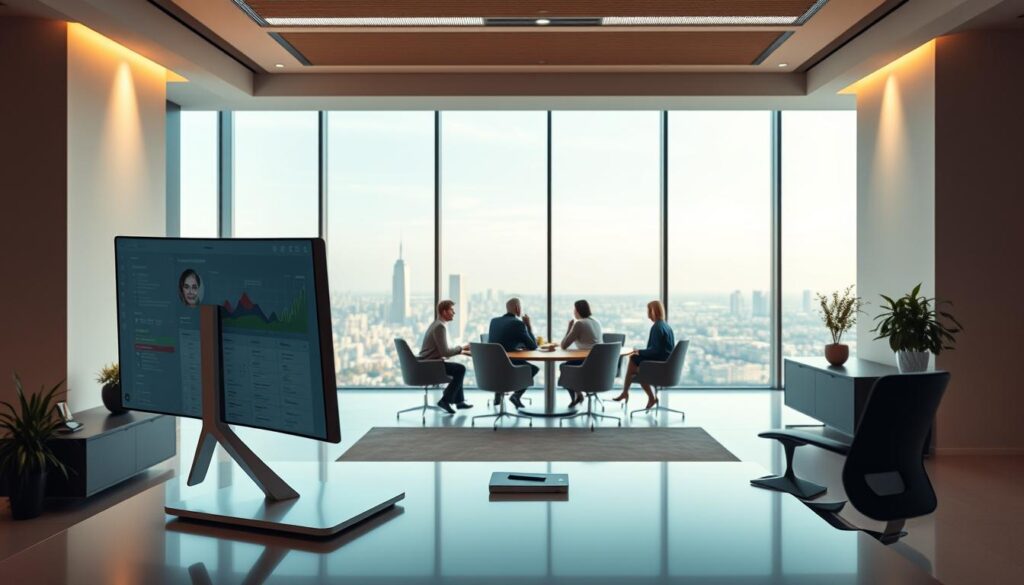 A serene, minimalist office setting showcases the Dee Ferdinand A.I Consulting brand. A sleek, futuristic workstation occupies the foreground, its curved monitor displaying a dynamic dashboard of business analytics. In the middle ground, a team of professionals collaborates around a circular conference table, discussing strategies for implementing automated business systems. The background features floor-to-ceiling windows, bathing the space in warm, natural lighting and offering a picturesque cityscape. The overall atmosphere conveys a sense of efficiency, innovation, and the seamless integration of Dee Ferdinand's A.I. solutions into the client's operations.