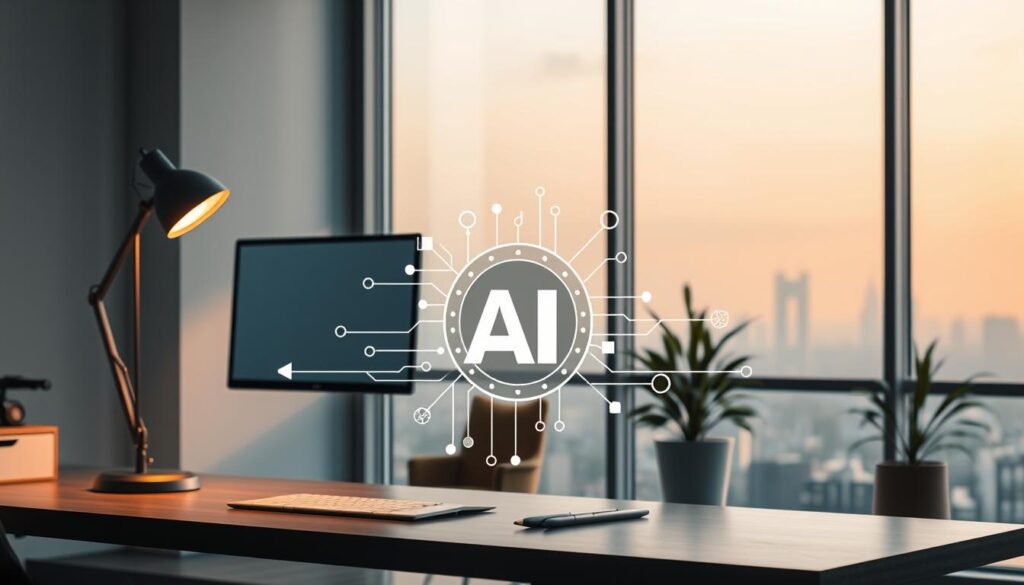 A serene office scene with a modern desk, a computer monitor displaying Dee Ferdinand A.I Consulting's logo, and a desk lamp providing warm, focused lighting. In the foreground, a stylized, elegant illustration of the A serene office scene with a modern desk, a computer monitor displaying Dee Ferdinand A.I Consulting's logo, and a desk lamp providing warm, focused lighting. In the foreground, a stylized, elegant illustration of the