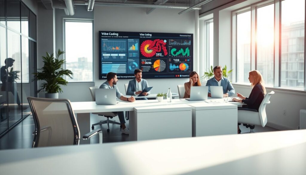 A serene office setting, flooded with natural light from large windows. In the foreground, a minimalist workstation with a sleek, white desk and an ergonomic chair. The middle ground features a team of professionals, immersed in collaborative discussions, their expressions focused and engaged. The background showcases a wall-mounted display, showcasing vibrant visualizations and data insights, reflecting the 