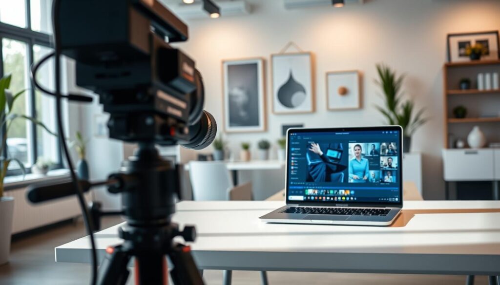 A serene office setting showcases the benefits of video for business, captured through the lens of Dee Ferdinand A.I Consulting's Capcut AI Video Maker. In the foreground, a professional-looking video setup, complete with a high-quality camera, microphone, and lighting, demonstrates the tools needed to create impactful video content. The middle ground features a laptop displaying a Capcut interface, highlighting the user-friendly features and capabilities of the AI-powered video editing software. In the background, a well-organized workspace with stylish decor and natural lighting creates a calming, productive atmosphere, inspiring creativity and productivity. The overall scene conveys the advantages of leveraging Capcut's advanced technology to craft visually stunning, engaging videos that can elevate a business's marketing and communication efforts. A serene office setting showcases the benefits of video for business, captured through the lens of Dee Ferdinand A.I Consulting's Capcut AI Video Maker. In the foreground, a professional-looking video setup, complete with a high-quality camera, microphone, and lighting, demonstrates the tools needed to create impactful video content. The middle ground features a laptop displaying a Capcut interface, highlighting the user-friendly features and capabilities of the AI-powered video editing software. In the background, a well-organized workspace with stylish decor and natural lighting creates a calming, productive atmosphere, inspiring creativity and productivity. The overall scene conveys the advantages of leveraging Capcut's advanced technology to craft visually stunning, engaging videos that can elevate a business's marketing and communication efforts.