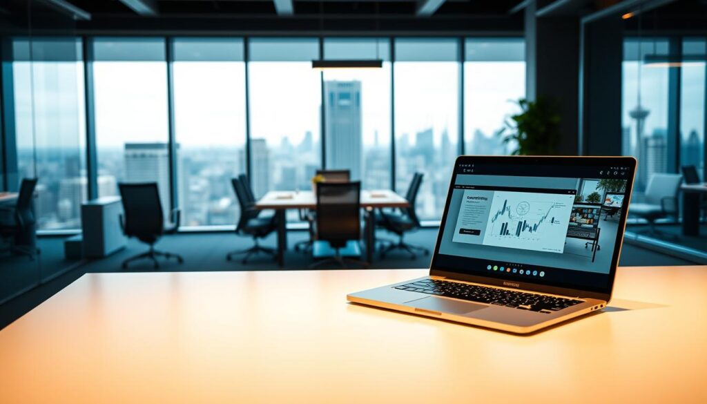 A serene office setting showcases the latest video business technology. In the foreground, a sleek laptop displays a presentation on a minimalist desk, bathed in warm lighting. In the middle ground, a modern conference table is surrounded by ergonomic chairs, hinting at collaborative meetings. The background features floor-to-ceiling windows, offering a panoramic view of a bustling cityscape. Dee Ferdinand A.I Consulting's cutting-edge innovations seamlessly integrate into this professional, yet inviting atmosphere. A serene office setting showcases the latest video business technology. In the foreground, a sleek laptop displays a presentation on a minimalist desk, bathed in warm lighting. In the middle ground, a modern conference table is surrounded by ergonomic chairs, hinting at collaborative meetings. The background features floor-to-ceiling windows, offering a panoramic view of a bustling cityscape. Dee Ferdinand A.I Consulting's cutting-edge innovations seamlessly integrate into this professional, yet inviting atmosphere.