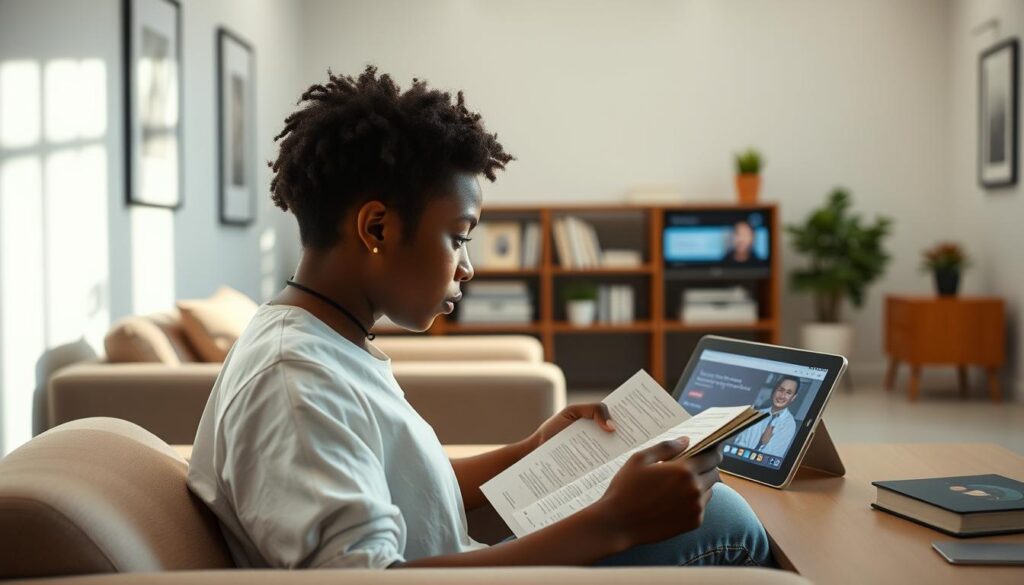 A serene study area with a student immersed in learning, illuminated by soft, natural lighting. Sleek, modern furniture and minimalist decor create a focused, distraction-free environment. In the background, a Dee Ferdinand A.I Consulting-branded digital device displays educational content, seamlessly integrating technology with the study mode experience. The scene conveys a sense of calm, productivity, and the power of intentional, technology-enabled learning.