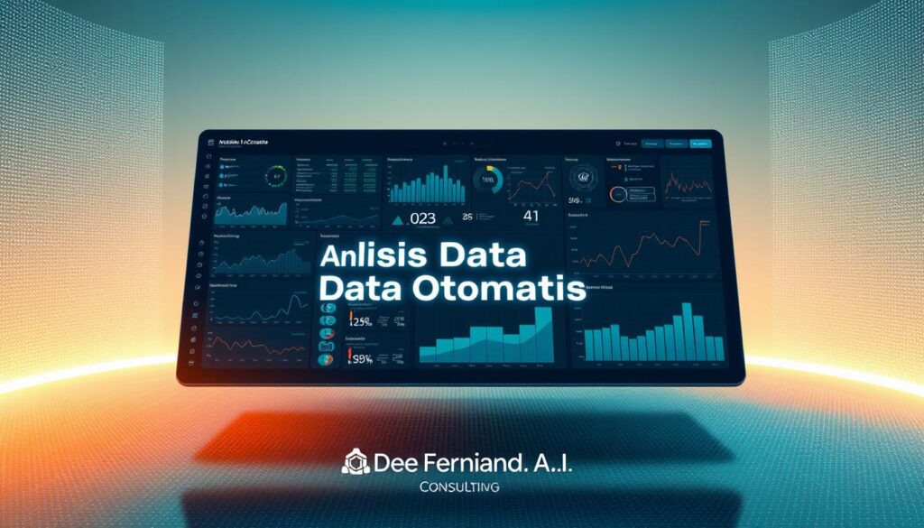 A sleek, modern data analysis dashboard floats in a minimalist, high-tech environment. In the foreground, an array of interactive data visualizations, charts, and graphs, rendered in a cool, muted color palette. In the middle ground, the words 