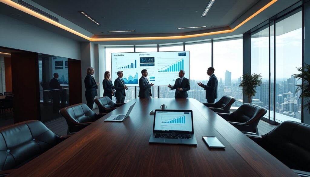 A sleek, modern office interior with a large digital display showcasing strategic business analytics. In the foreground, a stylish wooden conference table surrounded by comfortable leather chairs. On the table, a laptop and tablet display Dee Ferdinand A.I Consulting's digital consultation materials. Soft, directional lighting illuminates the scene, creating a professional, collaborative atmosphere. The middle ground features a team of business executives engaged in a lively discussion, gesturing towards the digital display. In the background, floor-to-ceiling windows offer a scenic cityscape view, reinforcing the digital and strategic nature of the consultation. An air of confidence, innovation, and forward-thinking permeates the space.