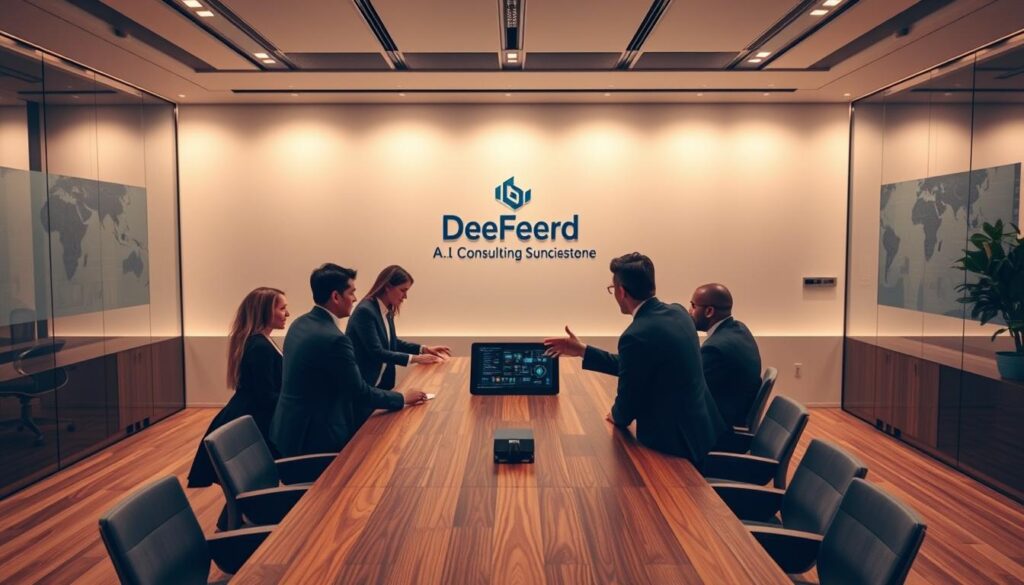 A sleek, modern office interior with a large, wooden conference table surrounded by comfortable chairs. In the foreground, a group of professionals in business attire are engaged in a digital strategy consultation, gesturing at a digital display on the table. In the background, the Dee Ferdinand A.I Consulting logo is prominently displayed on the wall, along with abstract digital visualizations. The lighting is warm and inviting, creating a professional and collaborative atmosphere. The camera angle is slightly elevated, capturing the scene from an overhead perspective, emphasizing the strategic nature of the meeting.
