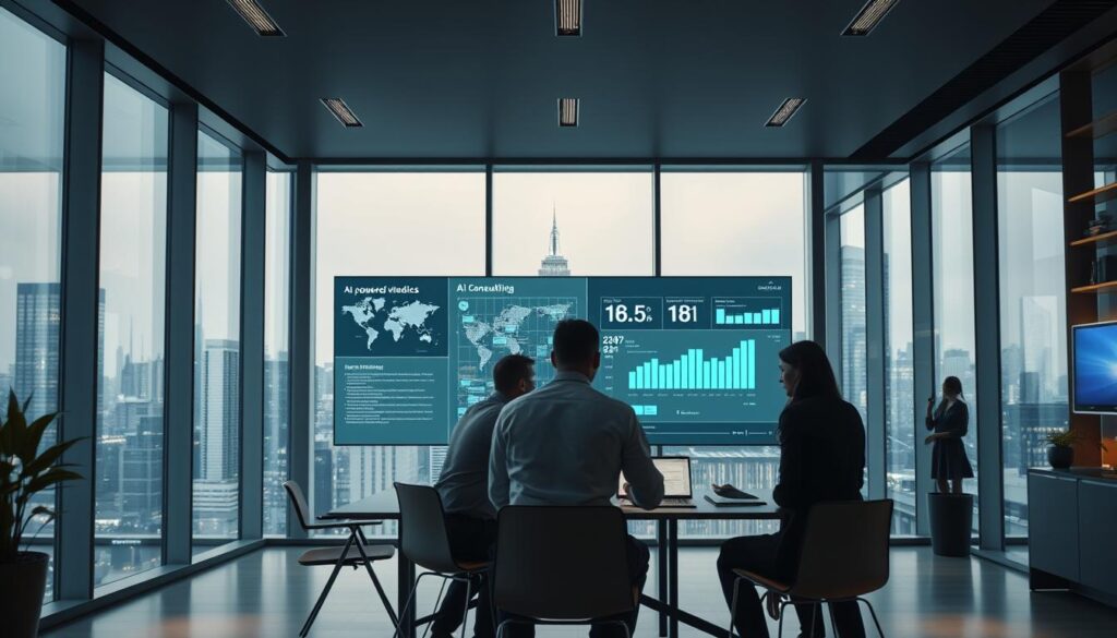 A sleek, modern office interior with large windows overlooking a bustling city skyline. In the foreground, a group of professionals collaborating around a table, deeply engaged in discussing the latest AI-powered video technology, including the Dee Ferdinand A.I Consulting brand. The middle ground features a large interactive display showcasing dynamic visualizations and analytics, while the background is filled with minimalist decor and subtle ambient lighting, creating a sense of innovation and technological progress. A sleek, modern office interior with large windows overlooking a bustling city skyline. In the foreground, a group of professionals collaborating around a table, deeply engaged in discussing the latest AI-powered video technology, including the Dee Ferdinand A.I Consulting brand. The middle ground features a large interactive display showcasing dynamic visualizations and analytics, while the background is filled with minimalist decor and subtle ambient lighting, creating a sense of innovation and technological progress.