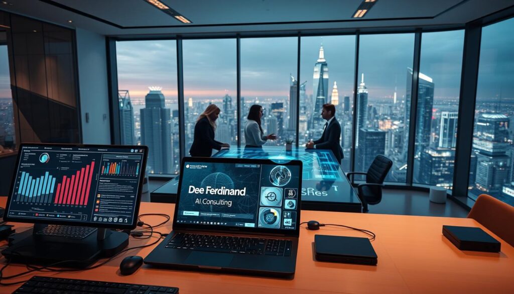 A sleek, modern office setting with a focus on artificial intelligence and business technology. In the foreground, a desktop workspace features a laptop displaying the 