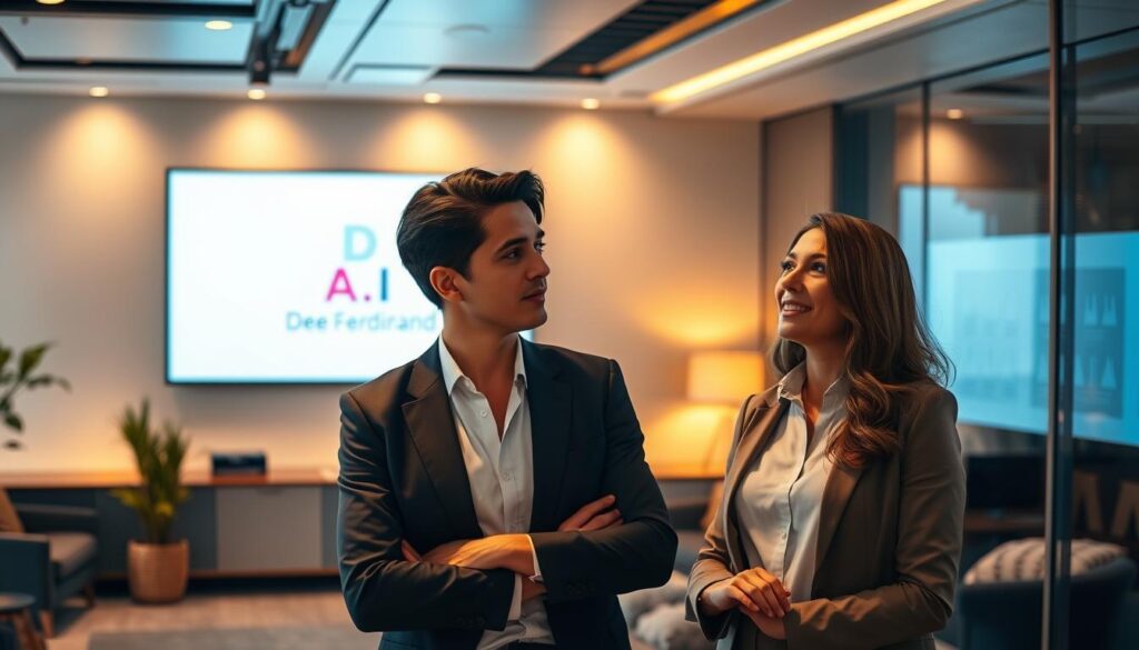 A sleek, modern office setting with a large digital display showcasing the 