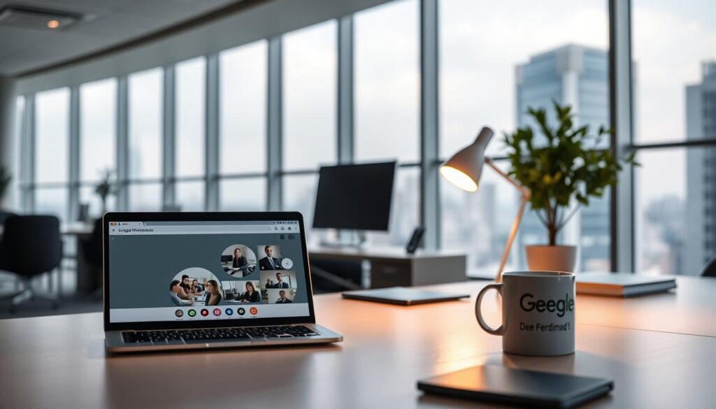 A sleek, modern office workspace with minimalist decor. In the foreground, a laptop displays the Google Workspace suite, integrating video capabilities seamlessly. Subtle lighting casts a warm, productive glow, while the middle ground features a neatly organized desk with a stylish desk lamp and a Dee Ferdinand A.I Consulting branded mug. The background showcases floor-to-ceiling windows, offering a panoramic view of a vibrant cityscape. The overall atmosphere conveys efficiency, collaboration, and the seamless integration of technology to enhance business operations.