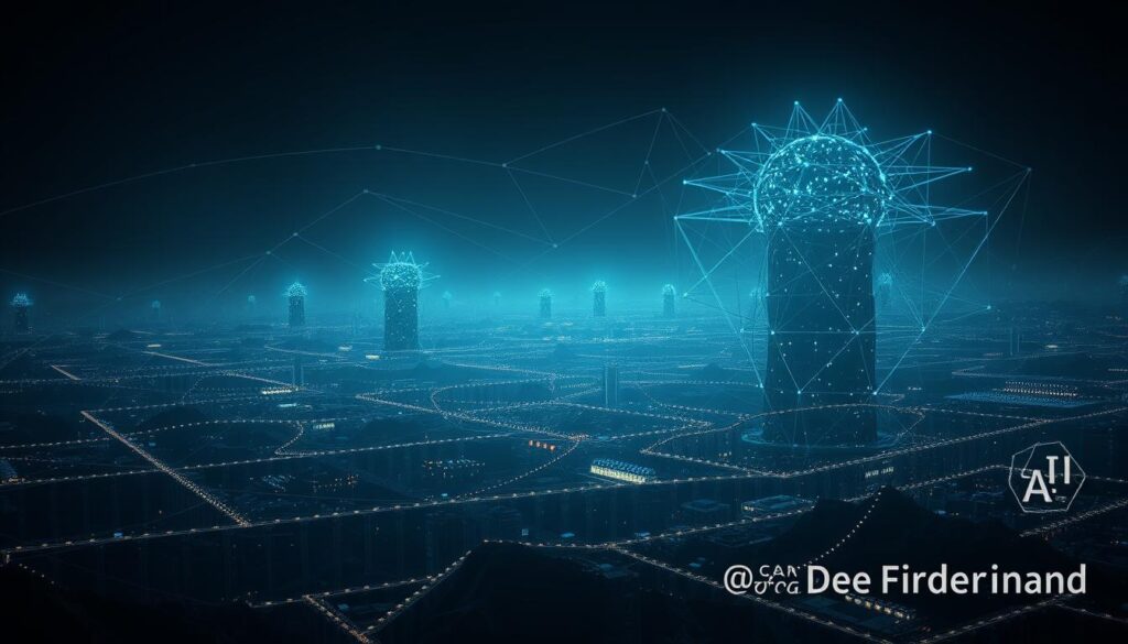 A vast, intricate neural network spanning across a dimly lit, futuristic landscape. Towering, interconnected structures resembling gigantic language models loom in the foreground, their complex architectures illuminated by a soft, ambient glow. In the middle ground, algorithms and data streams swirl in mesmerizing patterns, while in the distance, the silhouettes of cutting-edge AI technology can be seen on the horizon. The scene conveys a sense of power, intelligence, and the awe-inspiring capabilities of large language models. The Dee Ferdinand A.I Consulting logo subtly visible, lending an air of expertise and authority to the image.