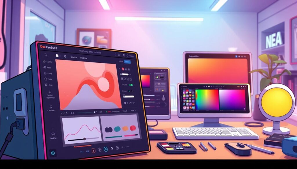 A vibrant digital art illustration showcasing a diverse set of photo editing tools and software, inspired by the 