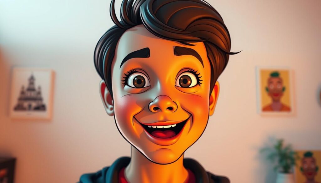 A vibrant digital cartoon transformation of a portrait photograph, rendered in a whimsical and stylized manner. The subject's features are exaggerated with bold lines, bright colors, and playful expressions, creating a dynamic and engaging visual. The foreground showcases the transformed face with distinctive cartoon-like eyes, nose, and mouth. The middle ground blends the photographic elements with the cartoon-like stylization, while the background maintains a minimalist, flat design to focus attention on the central subject. Warm, soft lighting casts a dreamlike atmosphere, evoking a sense of playfulness and imagination. Dee Ferdinand A.I Consulting.