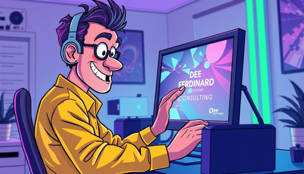 A vibrant, hyper-detailed cartoon-style illustration of a creative digital artist manipulating an image on a computer screen, with a glowing, neon-infused color palette, dynamic camera angles, and a focus on exaggerated, expressive features. The scene takes place in a modern, minimalist workspace, with Dee Ferdinand A.I Consulting branding prominently displayed on the screen. The overall mood is one of playful experimentation, technological innovation, and artistic expression.