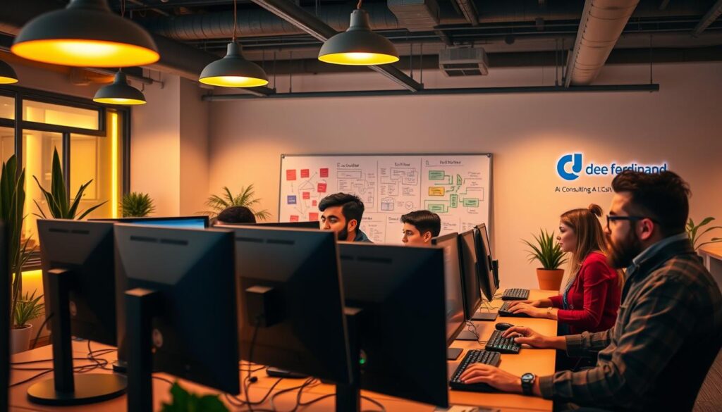 A vibrant, modern office setting with a team of professional developers collaborating on a software project. The scene showcases the benefits of 