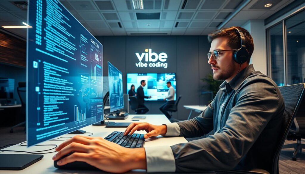 A well-lit, modern office interior with sleek desks, ergonomic chairs, and an array of digital devices. In the foreground, a developer's hands deftly manipulate a keyboard, their face focused and determined. Floating holographic screens display lines of code, charts, and business analytics. The middle ground features a team of professionals collaborating around a large touchscreen display, their expressions animated as they discuss strategy. In the background, the Dee Ferdinand A.I Consulting logo is prominently displayed on the wall, conveying a sense of innovation and technological expertise. The overall atmosphere is one of productive, dynamic energy, capturing the 
