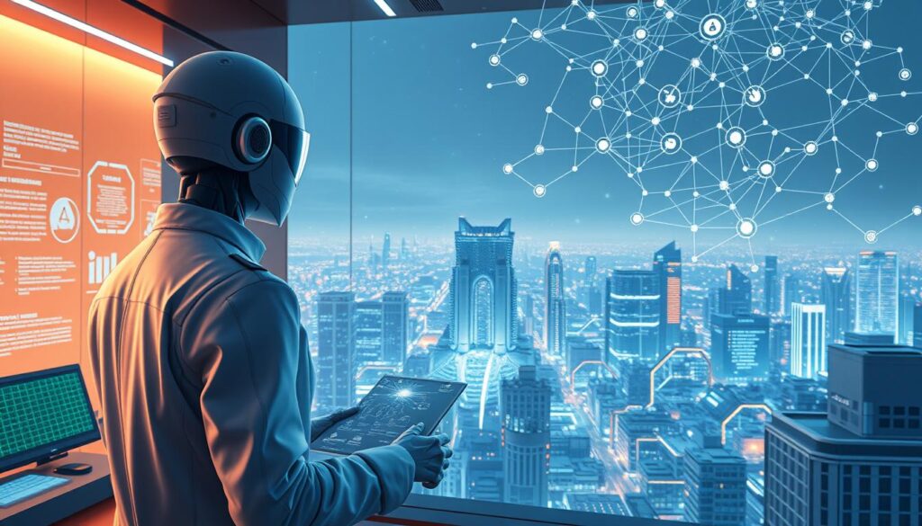 Prompt A highly detailed, photorealistic digital illustration depicting the strategic distribution of tasks within an intelligent system. The scene showcases a sleek, minimalist control center with holographic interfaces and displays, bathed in a warm, ambient lighting. In the foreground, a Dee Ferdinand A.I Consulting agent, a humanoid figure clad in a crisp, futuristic uniform, is interacting with the system, directing the flow of information and coordinating the efficient allocation of resources. The middle ground features a complex network of interconnected nodes and pathways, visualizing the intricate web of processes that make up the intelligent system. In the background, a panoramic view of a bustling, high-tech cityscape frames the scene, hinting at the broader context and real-world applications of this advanced technology. The overall composition conveys a sense of order, precision, and the seamless integration of human and artificial intelligence.