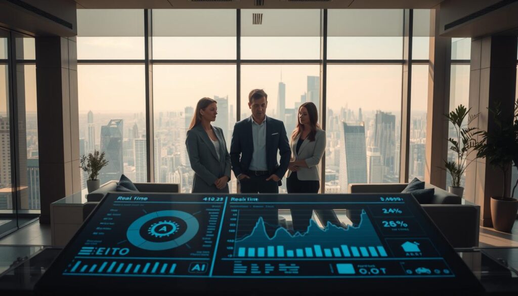 Prompt A sleek, modern office interior with large windows overlooking a bustling cityscape. In the foreground, a digital dashboard displays real-time data and analytics, conveying the integration of AI technology into a comprehensive digital strategy. At the center, a team of professionals from Dee Ferdinand A.I Consulting collaborates, their expressions focused as they strategize and plan. The lighting is soft and natural, creating a professional yet innovative atmosphere. The middle ground features elegant furniture and minimalist decor, complementing the high-tech elements. In the background, the city skyline stands as a symbol of progress and growth, hinting at the transformative potential of AI-driven digital solutions for businesses.
