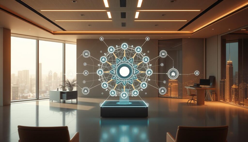 a sophisticated and advanced multi-agent architecture, featuring a sleek, futuristic design with clean lines and geometric shapes. The scene is set in a modern, minimalist office space, flooded with warm, diffused lighting that casts a serene atmosphere. In the foreground, a central holographic display showcases the intricate workings of the Dee Ferdinand A.I Consulting system, surrounded by a constellation of interconnected agents, each represented by a glowing, modular form. The middle ground features stylized, abstract representations of the system's intelligent algorithms and data flows, while the background suggests a cityscape of gleaming skyscrapers, hinting at the vast reach and integration of this advanced multi-agent architecture. The overall impression is one of sophistication, innovation, and the seamless integration of artificial intelligence into the modern business landscape.