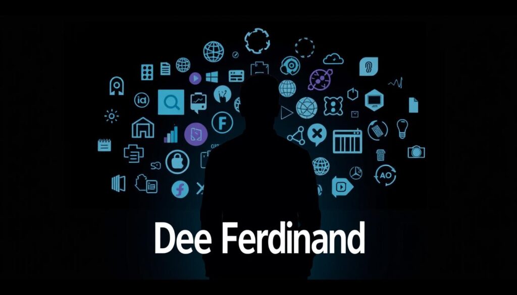 A captivating thumbnail showcasing a dramatic silhouette of a person surrounded by various technology-related icons and symbols, all set against a stark, high-contrast background. The Dee Ferdinand brand name stands out prominently, commanding attention. This visually striking composition aims to illustrate the diverse use cases and decision-making process when choosing between Gemini and Perplexity for research enhancement.