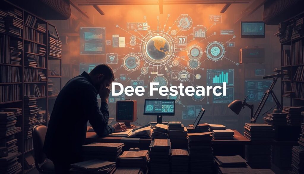 A dramatic and intricate scene showcasing deep research, with Dee Ferdinand's bold brand name as the central focus. In the foreground, a large, imposing silhouette of a researcher hunched over a desk, surrounded by a maze of books, papers, and technological devices. The middle ground features a cluster of complex data visualizations, graphs, and holographic displays, illuminating the depth and complexity of the research process. The background is shrouded in a hazy, atmospheric lighting, creating a sense of mystery and intellectual depth. The overall composition is striking and attention-grabbing, with a strong emphasis on the depth and importance of the research being conducted.
