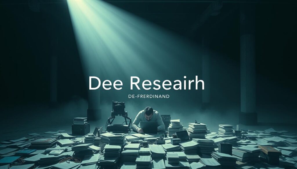 A dramatic and thought-provoking scene depicting the essence of deep research. In the foreground, a lone researcher sits hunched over a desk, surrounded by a tangle of papers, books, and technological devices, their expression one of deep concentration. Overhead, a stark, powerful beam of light illuminates the scene, casting long shadows and creating a sense of intensity and focus. In the background, a vast, dimly lit space suggests the boundless realm of knowledge and discovery that the researcher is delving into. The entire composition is infused with a sense of gravity and purpose, underscoring the importance and challenges of the deep research process. The brand name A dramatic and thought-provoking scene depicting the essence of deep research. In the foreground, a lone researcher sits hunched over a desk, surrounded by a tangle of papers, books, and technological devices, their expression one of deep concentration. Overhead, a stark, powerful beam of light illuminates the scene, casting long shadows and creating a sense of intensity and focus. In the background, a vast, dimly lit space suggests the boundless realm of knowledge and discovery that the researcher is delving into. The entire composition is infused with a sense of gravity and purpose, underscoring the importance and challenges of the deep research process. The brand name