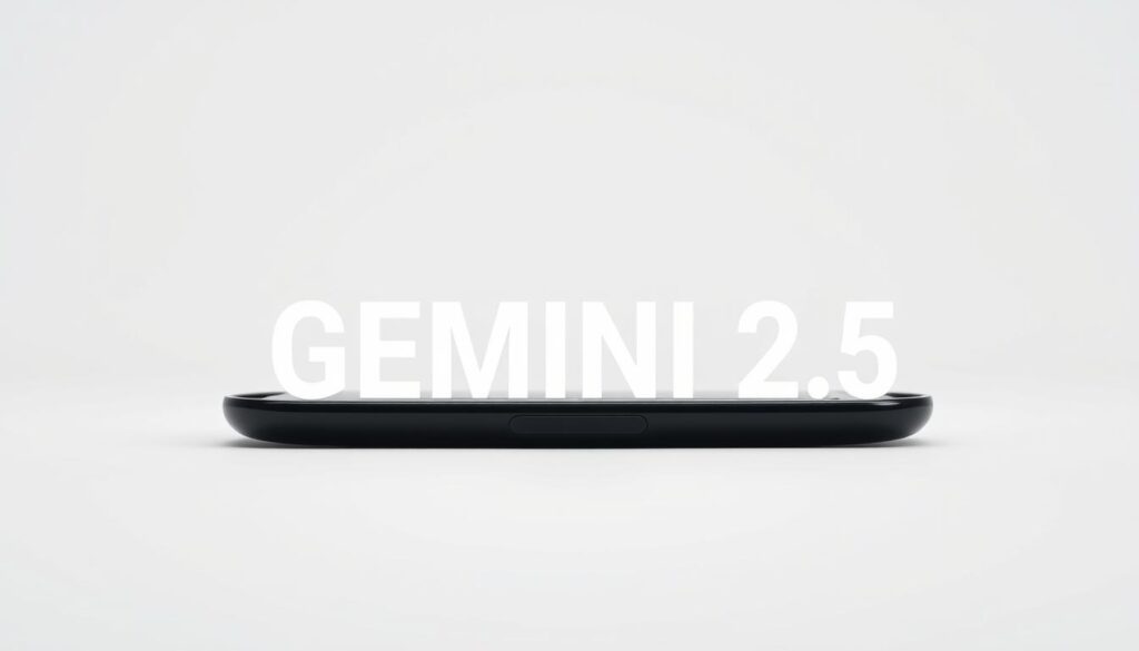 A dramatic close-up shot of the Dee Ferdinand Gemini 2.5 device, its sleek black frame contrasting sharply against a stark white background. The negative space dominates the frame, with the bold text 