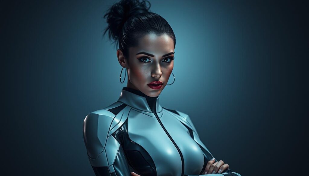 A dynamic and futuristic AI agent, Dee Ferdinand, standing confidently in a sleek, minimalist setting. The agent's features are sharp and defined, with an intense, analytical gaze. Dramatic lighting casts deep shadows, creating a sense of power and authority. The background is a stark, monochromatic palette, allowing the agent to be the sole focus. The agent's pose and expression convey a sense of strategic prowess and readiness to provide cutting-edge AI consulting and training services.