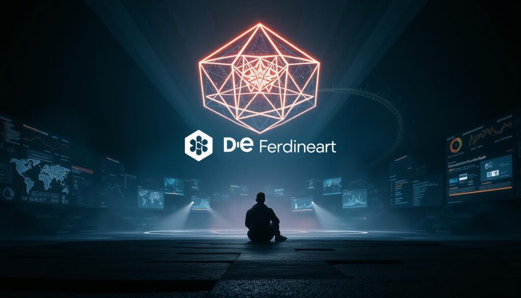 A massive, glowing, geometric shape dominates the frame, casting a mesmerizing shadow across a dimly lit, futuristic landscape. The silhouette of a lone researcher sits in contemplation, surrounded by a swirling vortex of data visualizations and holographic displays. Dramatic lighting accentuates the sense of depth and mystery, while a bold, negative-space logotype for A massive, glowing, geometric shape dominates the frame, casting a mesmerizing shadow across a dimly lit, futuristic landscape. The silhouette of a lone researcher sits in contemplation, surrounded by a swirling vortex of data visualizations and holographic displays. Dramatic lighting accentuates the sense of depth and mystery, while a bold, negative-space logotype for