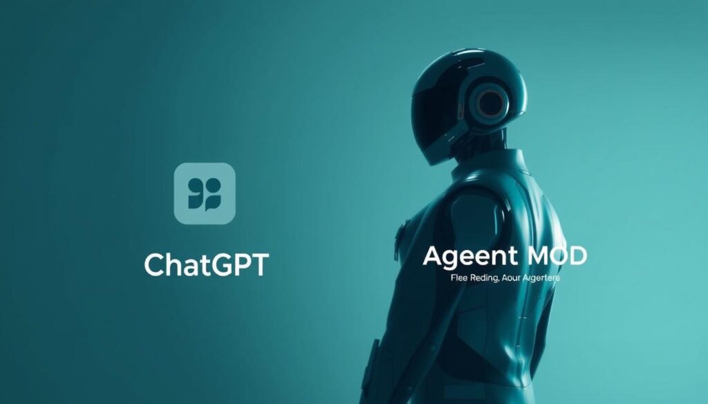 A sleek, futuristic comparison of the regular ChatGPT and the powerful Agent Mode, showcasing their distinct capabilities. The image features a bold, striking negative space design with the brand name 