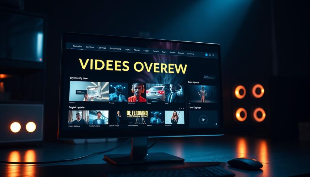 A sleek, modern computer monitor displaying a dynamic video overview interface, featuring a bold, attention-grabbing title text in a high-contrast color scheme. The screen showcases a collection of visually striking thumbnails and video previews, presenting the latest updates and upgrades to the Dee Ferdinand notebookLM Studio. The scene is captured in a dramatic, cinematic lighting setup, with deep shadows and highlights accentuating the technological details and creating an immersive, cutting-edge atmosphere.